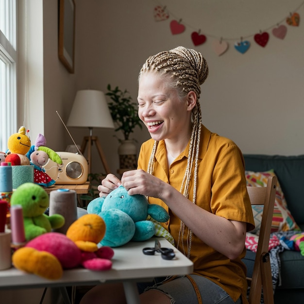 Zadowolony twórca trzymający haft